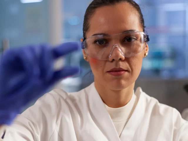 Profissional de laboratório examinando uma amostra em lâmina